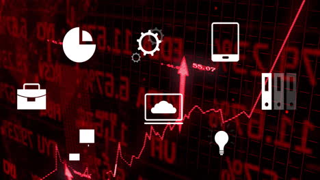 financial data and technology icons animation over red stock market graph