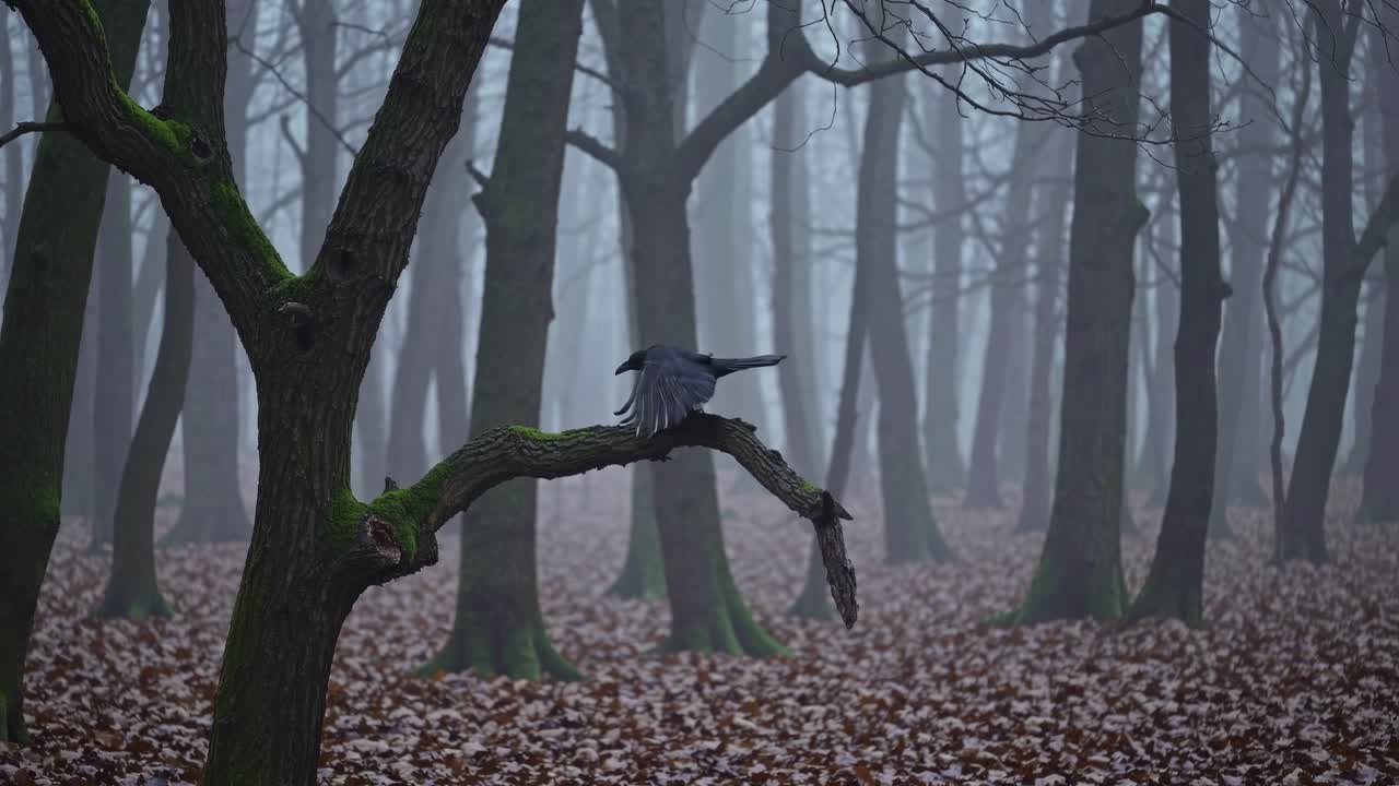 Wrona siedząca na gałęzi w mglistym lesie, ujęcie z niskiej perspektywy