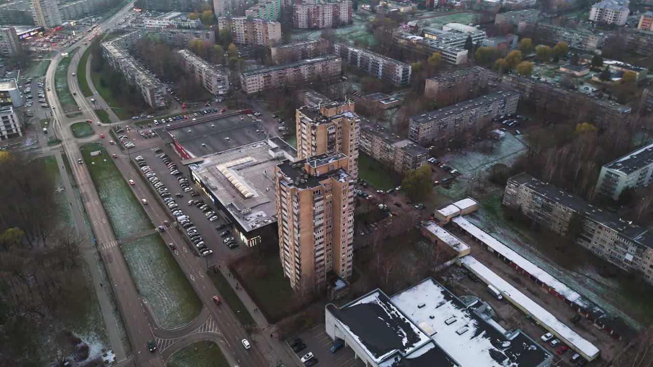 Old block apartment buildings in Kaunas, aerial orbit view