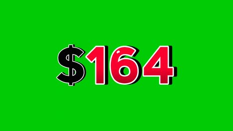 animation number $164 dollar sign motion graphics with smoke effect green screen background vibrant red numbers. video 3d effect with shadows for video elements business concept