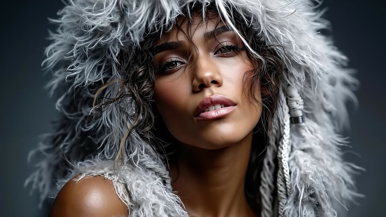 A woman wearing a furry hat with braids on her head