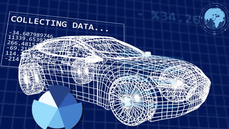 animation of graphs, changing numbers, globe and 3d model of car over blue background