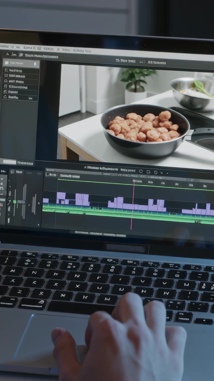Vertical video: Hand appearing, editor hand scrubbing, zooming to center bowl on laptop at home