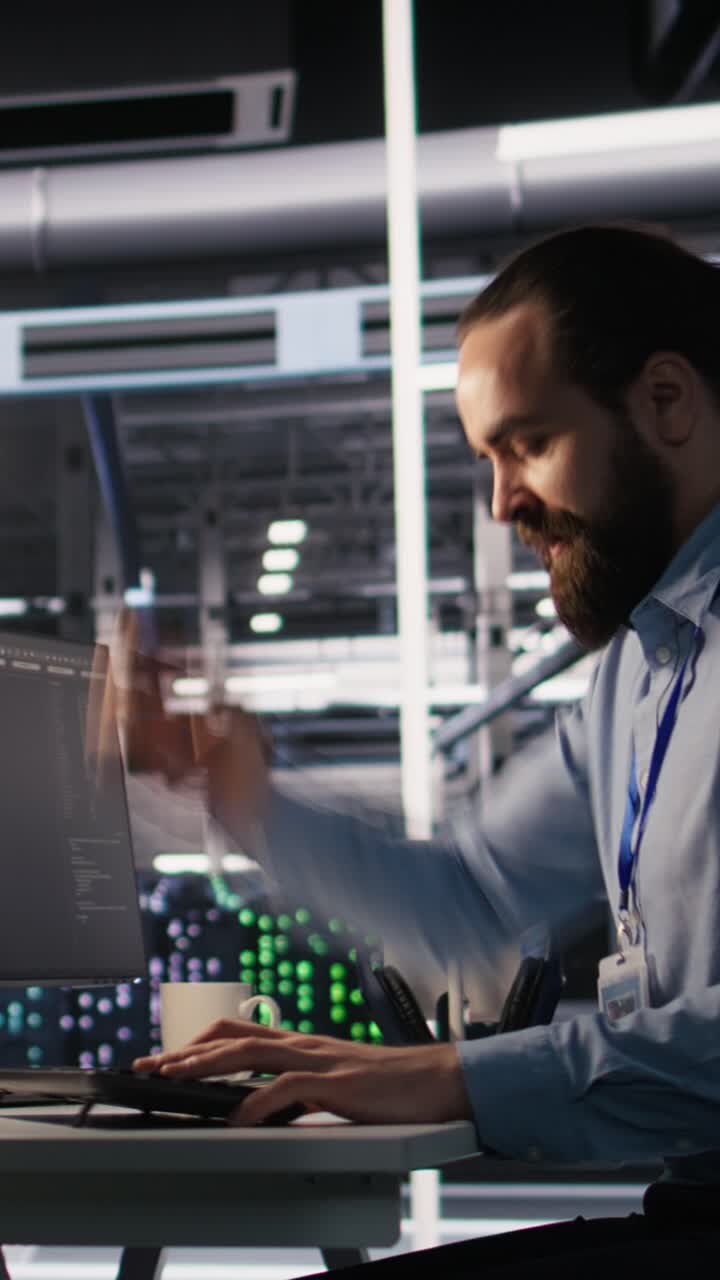 Vertical video Server room IT specialist frustrated by difficult complex tasks in office