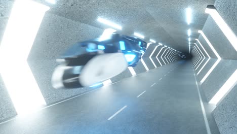 un largo túnel futurista con coches voladores. robots en el asiento del conductor. inteligencia artificial y el concepto del futuro. renderización 3d de bucle sin costuras.