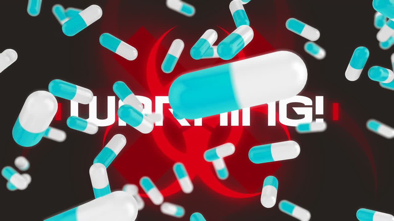 떨어지는 과 생물학적 위험 기호를 가진 경고 텍스트 애니메이션