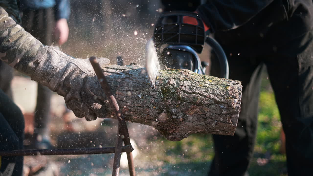 Man in gloves is choping wood using a chainsaw. Close view