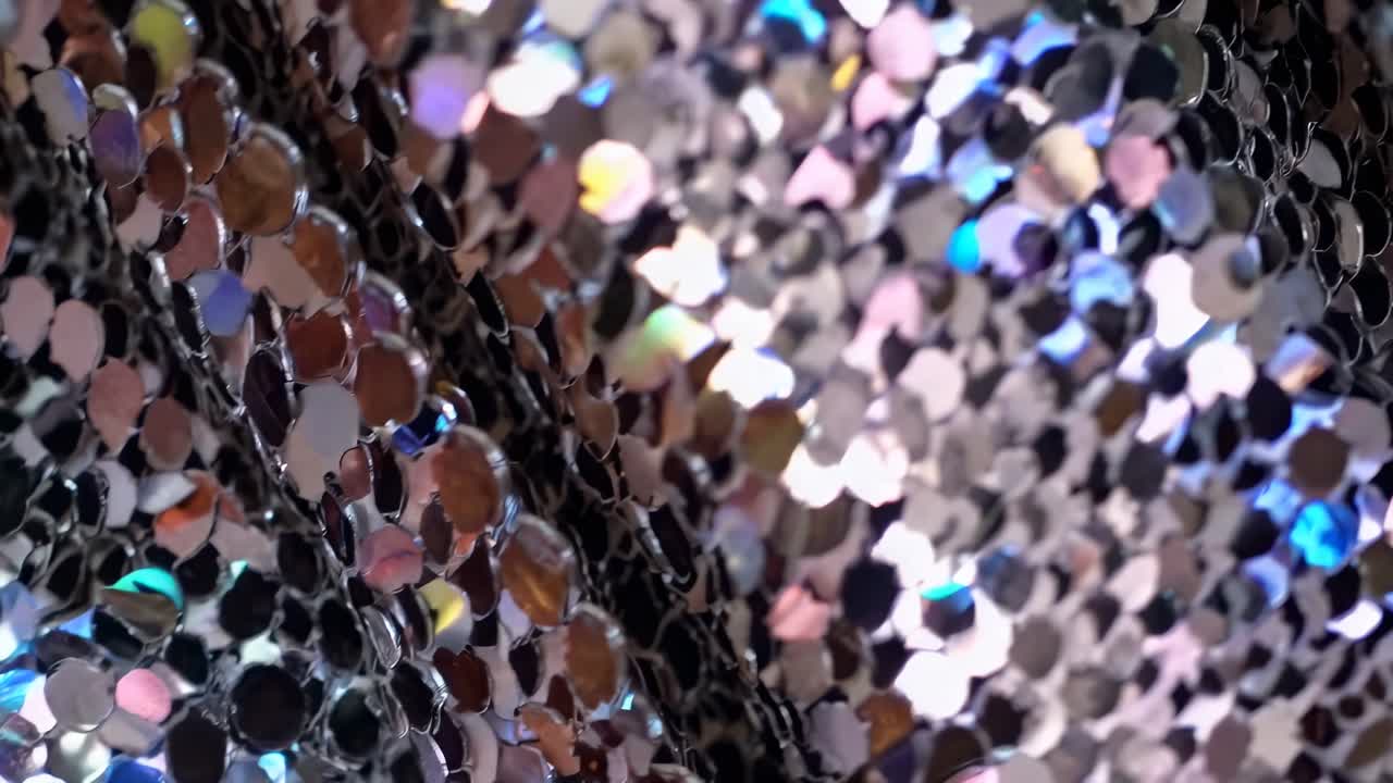 Ripresa video ravvicinata di paillettes scintillanti nei toni oro e argento, che cattura un'atmosfera vibrante e festosa