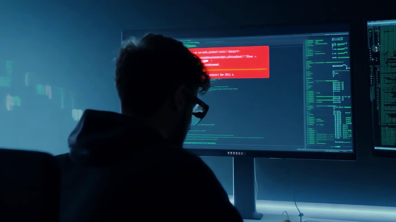 un hacker está codificando en una habitación oscura