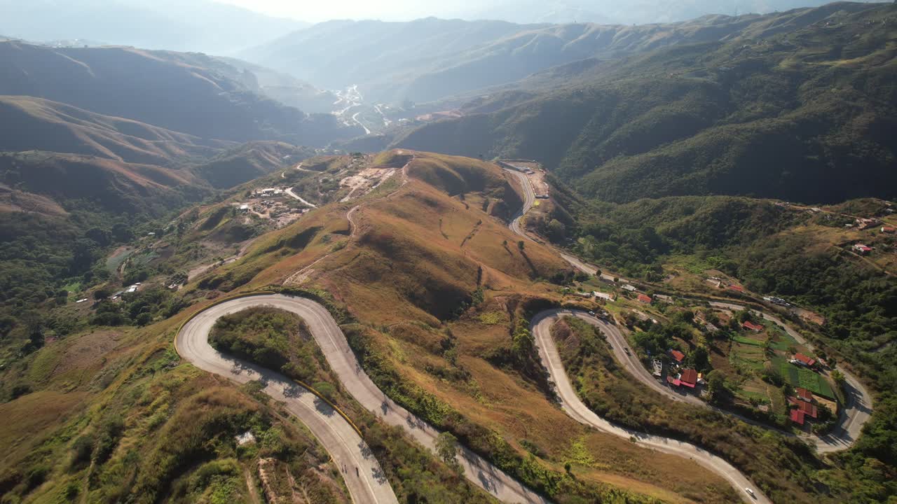 Winding car road in the mountain hills of Junquito, Venezuela, offering scenic views