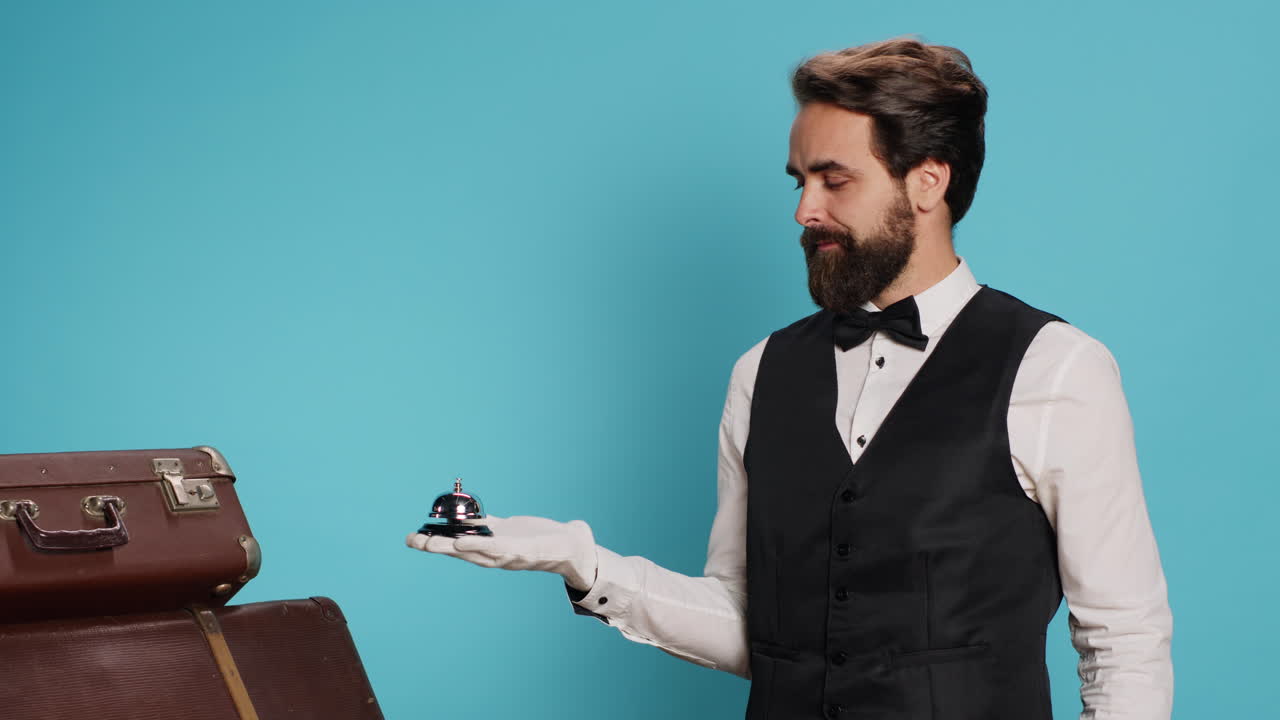 Hotel porter points to service bell