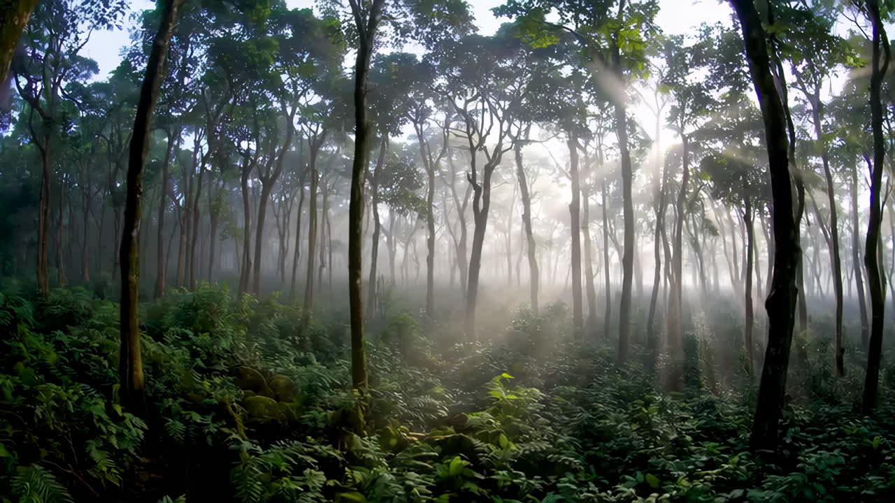 Sunlight Piercing Through a Misty Forest