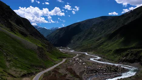 Aerial-shot-of-Kunhar-river-and-the-road-in-KPK-Pakistan-towards-gilgit-baltistan