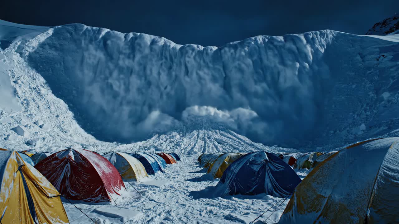Avalanche hitting tents in the mountains