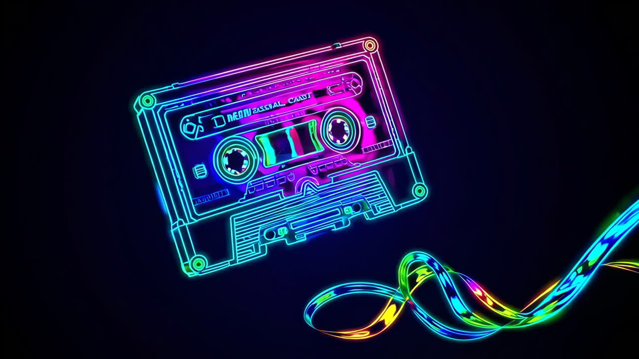 Neon Glow Cassette Tape with Colorful Light Trail