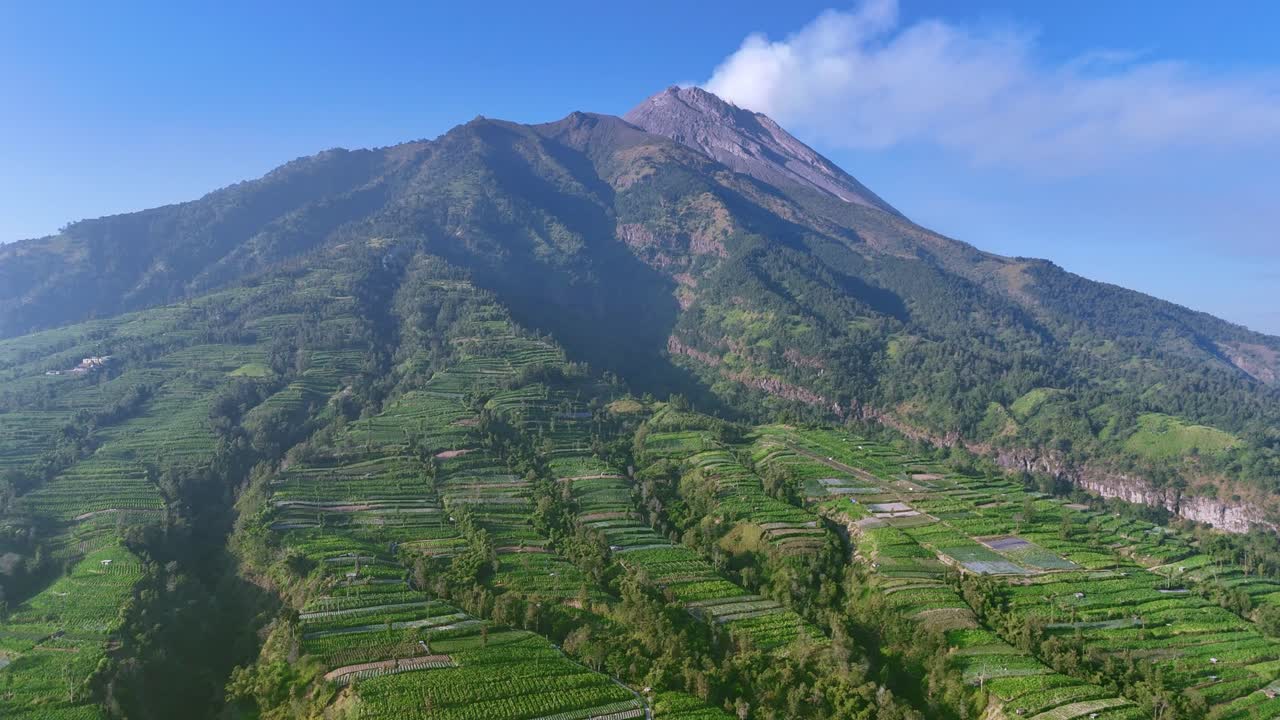 Aerial view of nature landscape of Active Merapi Volcano emitting smoke