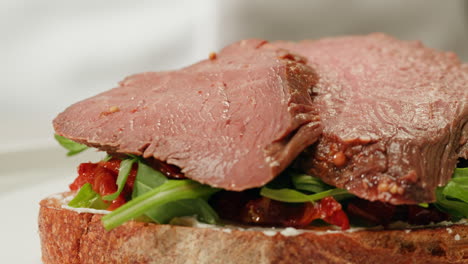 roasted beef sandwich with arugula and sun-dried tomatoes