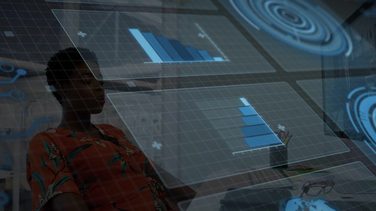 Woman analyst lowering phone and leaning in lab, monitoring business with projected blue bar charts