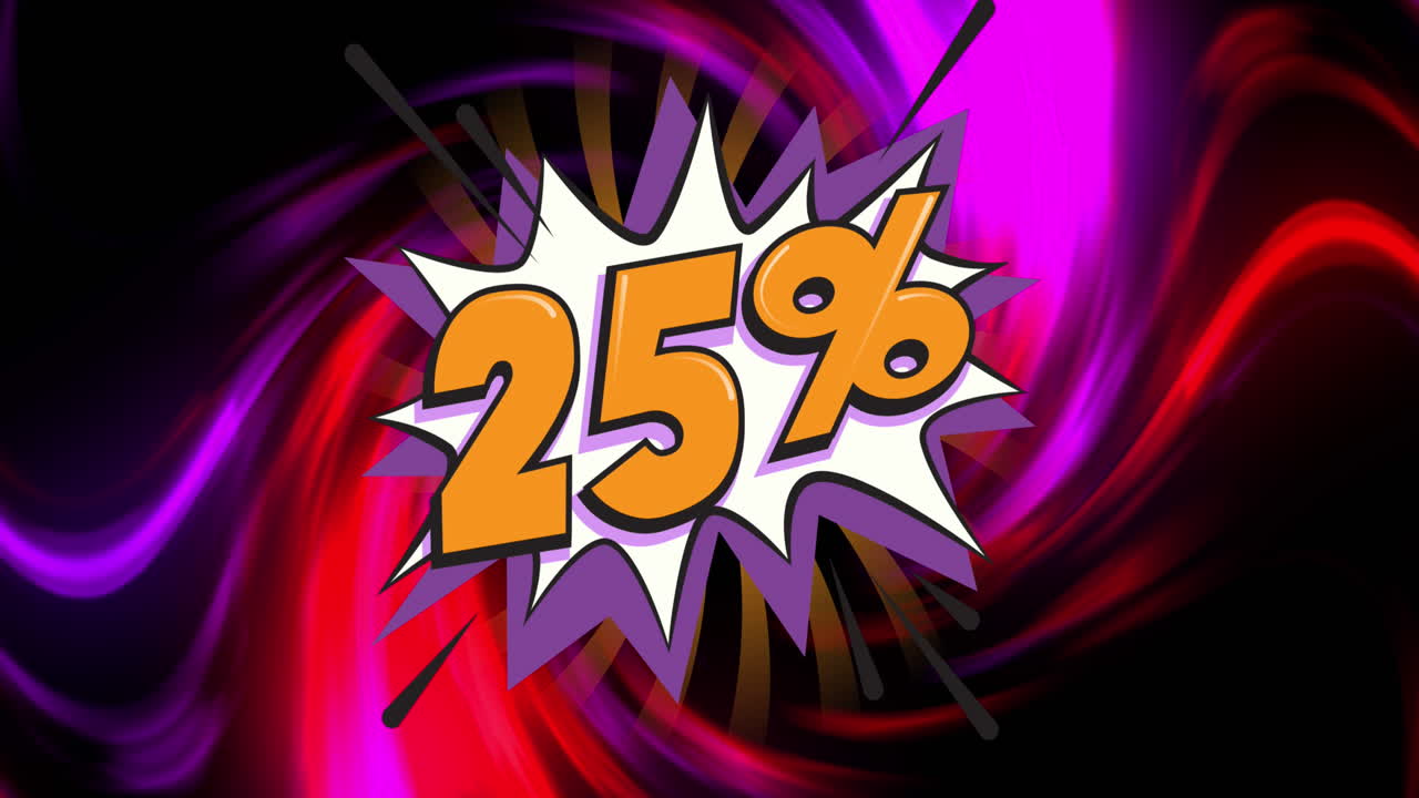 animación del 25 por ciento en la burbuja de habla retro y los rastros de luz de fondo