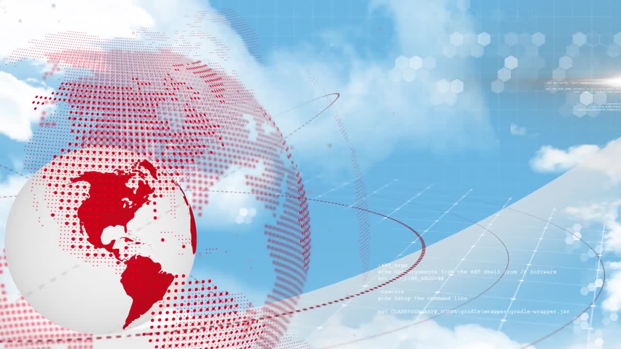 데이터 처리 및 구름과 함께 하늘 위의 지구의 애니메이션