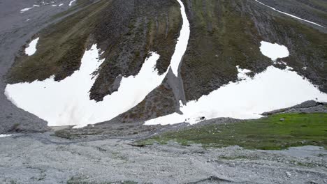 aerial drone footage risingn up and tilting to reveal imposing mountain summits in a glacial landscape with patches of snow and remote alpine meadows full of wild flowers in switzerland