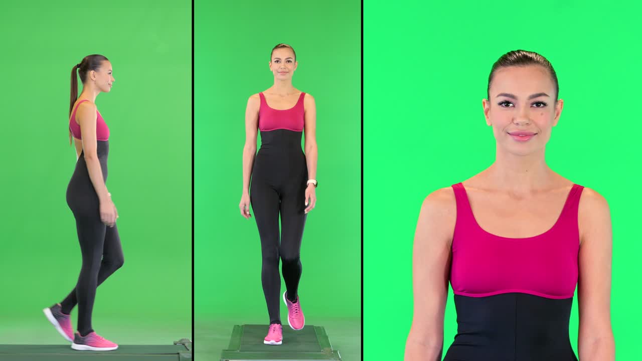 피트니스 의상을 입은 스포츠 여성이 녹색 스크린, 크로마 키에서 고 있습니다.