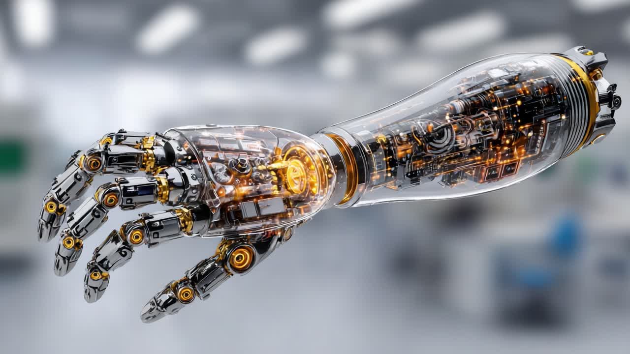 A Futuristic Robotic Prosthetic Hand Showcasing Intricate Mechanical Components and Advanced Technology in an Innovation Lab Environment