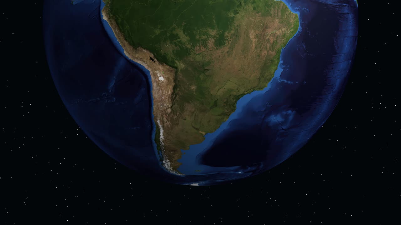 Un globo 3D ruota e si ingrandisce sul Sud America, evidenziando Concepcion, Cile, con dati.