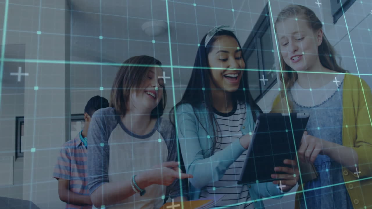 Diverse group of friends using tablet with digital grid overlay animation