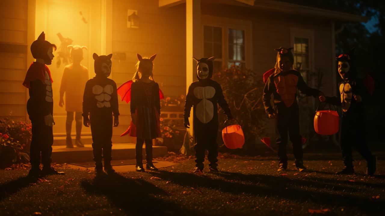 A Spooktacular Gathering: Children Dressed in Halloween Costumes Stand Outside a House Collecting Candy Under a Mysterious Glow at Dusk