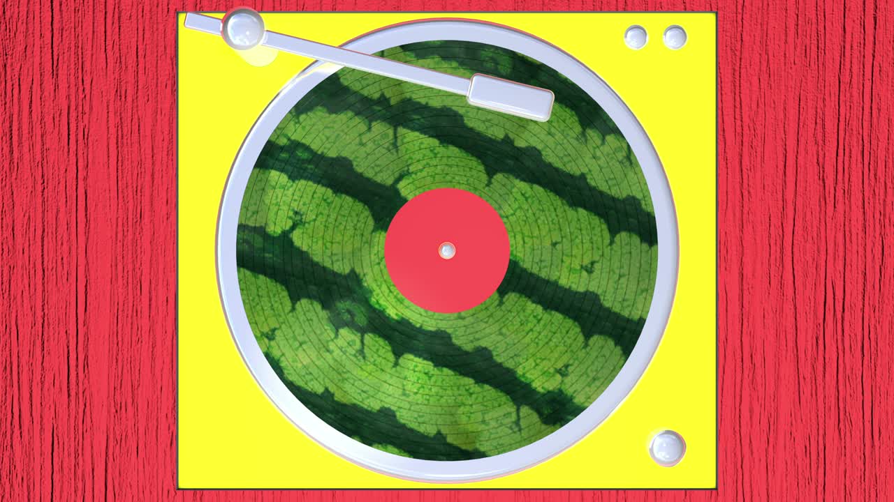 arte contemporáneo del gramófono con disco de vinilo (textura de sandía). animación en bucle 3d.