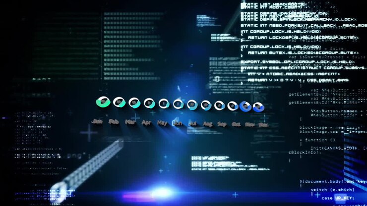 Animation of financial data processing over dark background