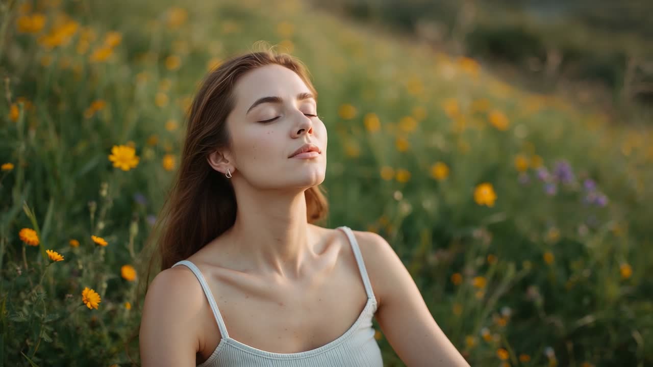 Donna seduta che medita, con il mento alzato mentre la brezza le muove i capelli, tra fiori gialli su una collina, in canottiera a costine.