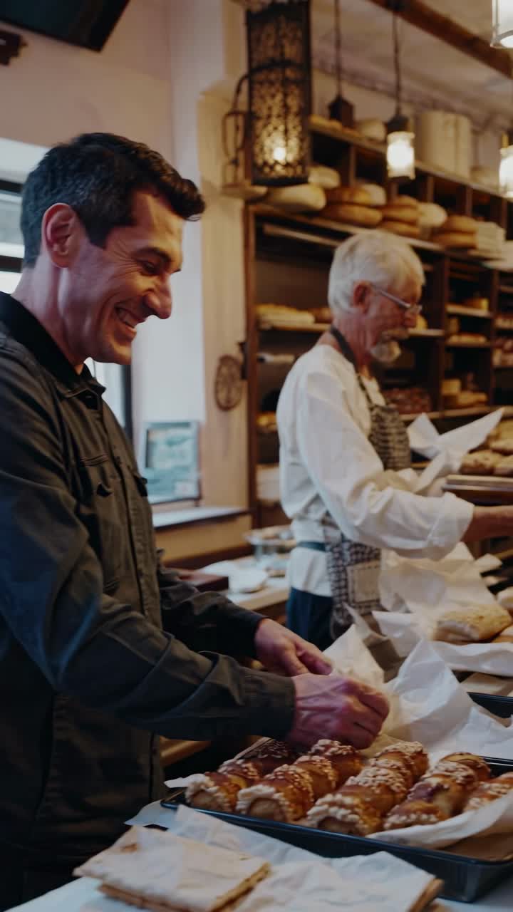 Scena accogliente di panetteria, ripresa all'altezza degli occhi, che mostra un panettiere intento a sistemare i dolci.