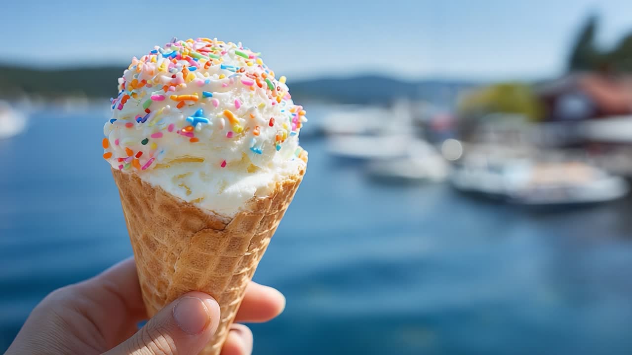 Delizioso cono gelato con codette colorate su uno sfondo acquatico sereno, perfetto per il divertimento estivo e per concedersi una rinfrescante delizia.