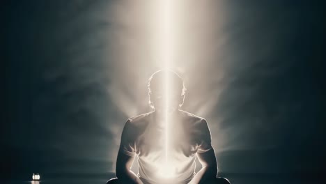 man meditating in a beam of light