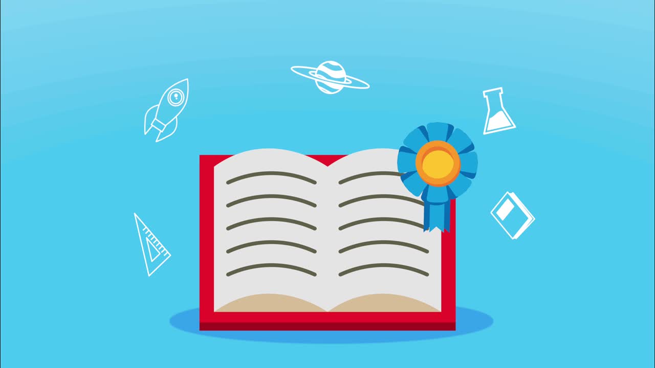 libro scolastico con animazione di medaglia