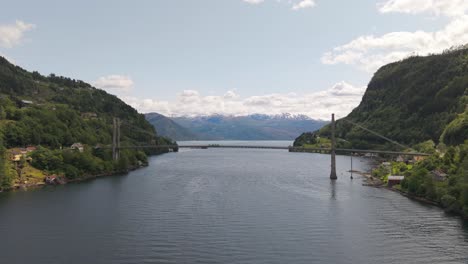 fykesundbrua - fyksesund bridge over the fjord in vestland, norway. - aerial shot