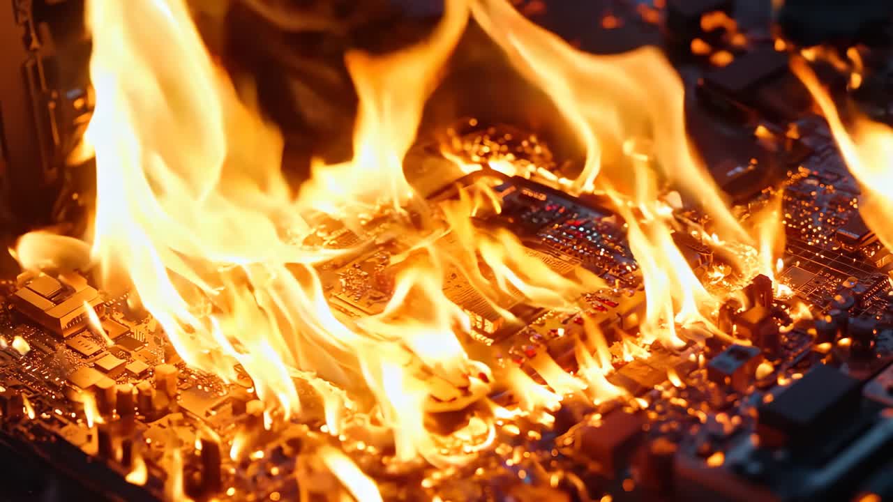 컴퓨터 마더보드가 불타고 불꽃이 어나오고 있습니다.
