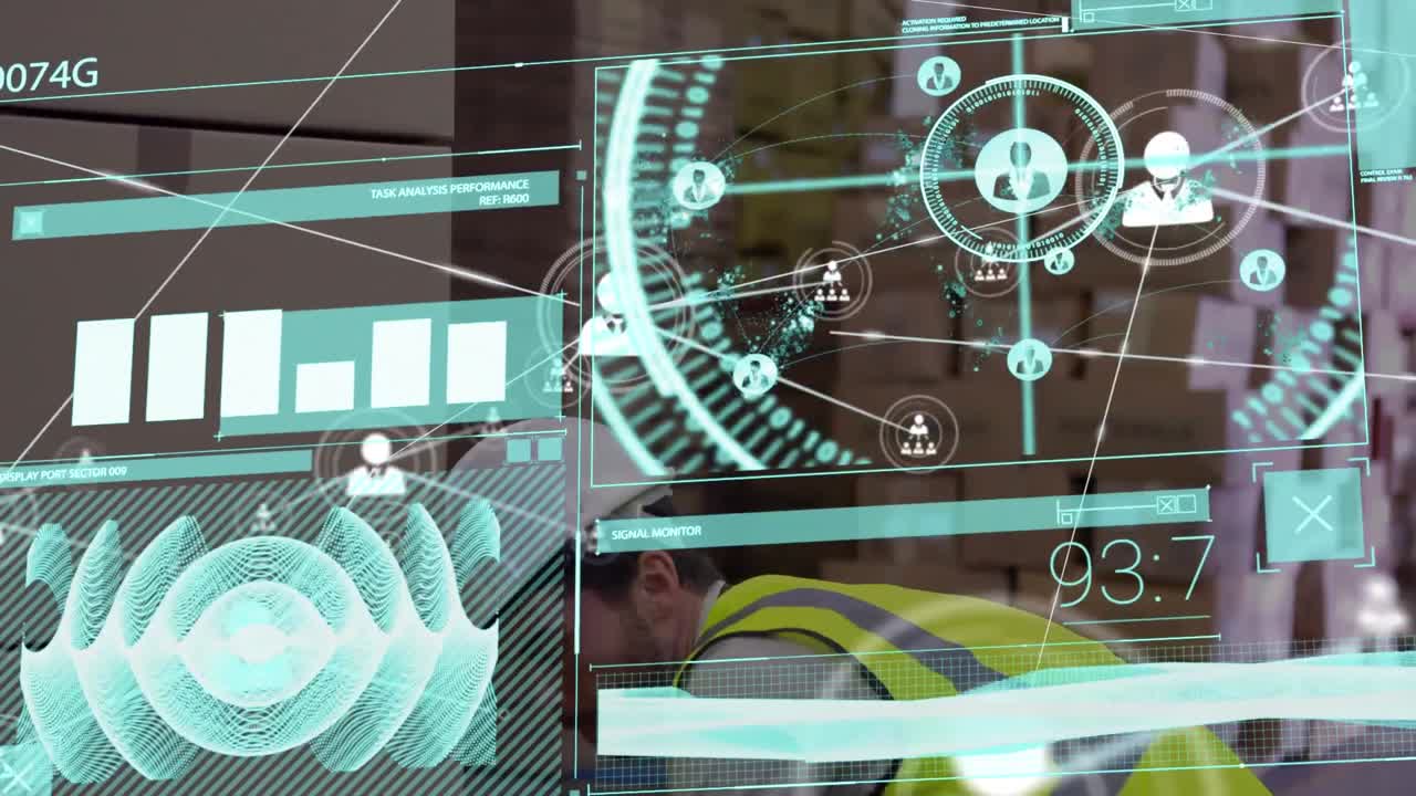 interfaz digital con procesamiento de datos contra cajas de apilamiento de trabajadores masculinos en el almacén