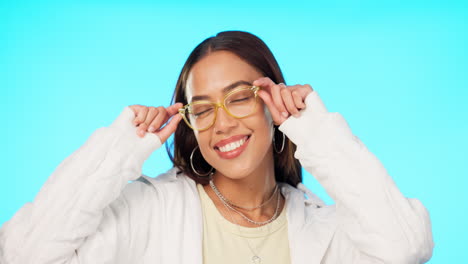 woman, face and spectacles for fashion in studio