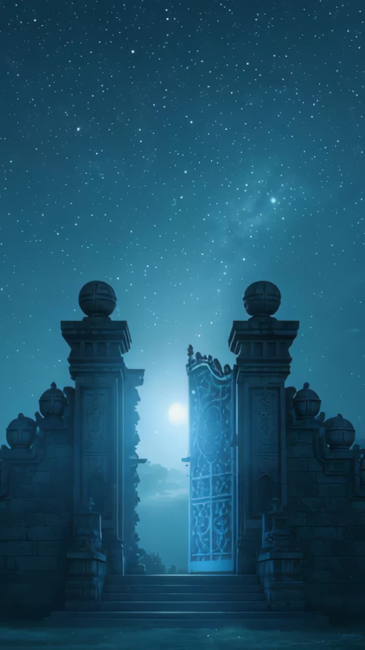 Vertical video: Responding to rising orb, metal doors swinging open at stone gate, revealing peaks