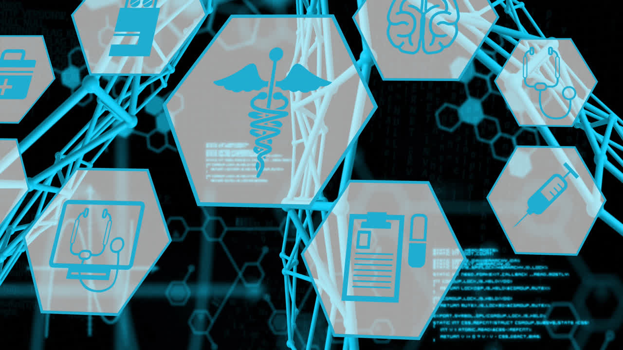 animación de procesamiento de datos e íconos médicos sobre fórmula química