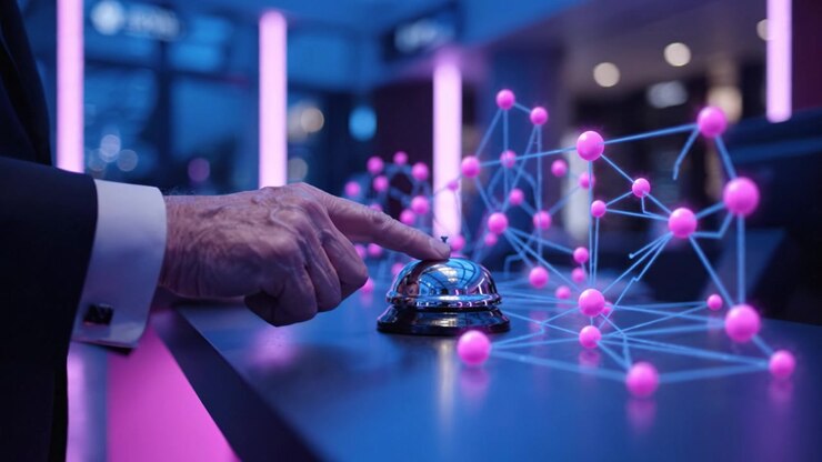A Guest Interacts with a Reception Bell in a Modern, Tech-Enhanced Environment, Marking the Transition into a Futuristic Experience at a Digital Front Desk