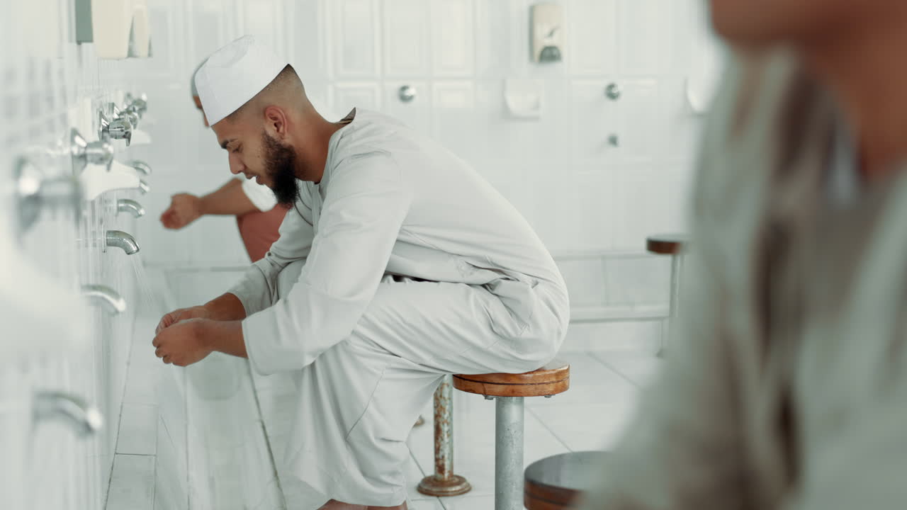 Muslim, religion and men washing before prayer