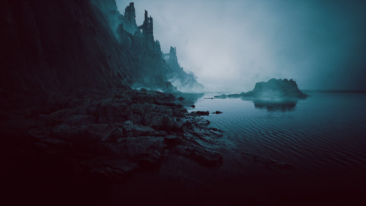 Mysterious coastal landscape at twilight with fog and crumbling cliffs