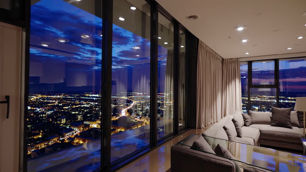Modern, spacious living room with large windows offering stunning panoramic views of a vibrant city skyline at dusk, illuminated by the warm glow of evening lights