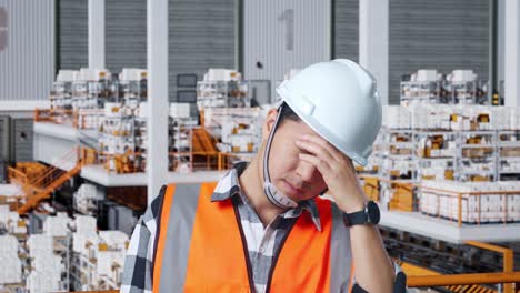 close up of asian male engineer with safety helmet having a headache while standing in the warehouse with shelves full of delivery goods