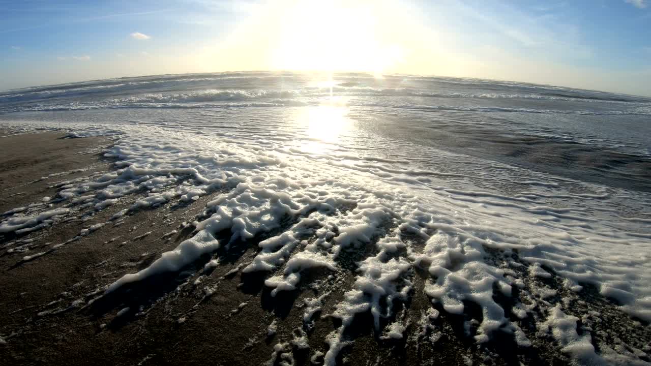 해변에서 폭풍의 해조류 거품, 파도와 함께 모래 해변, 북해, jütland, sondervig, 덴마크, 4k