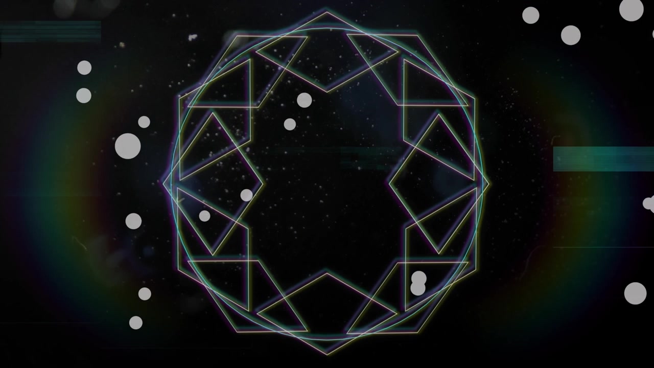 Animation of glitch, dots and geometrical shapes on black background
